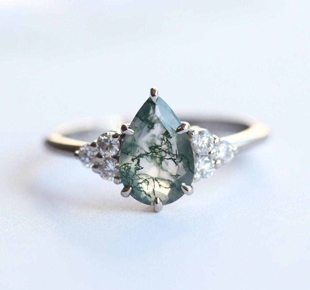 Moss Agate ring, Pear moss agate ring, alternative popular engagement ring, Pear moss agate ring, moss agate engagement ring, moss agate ring