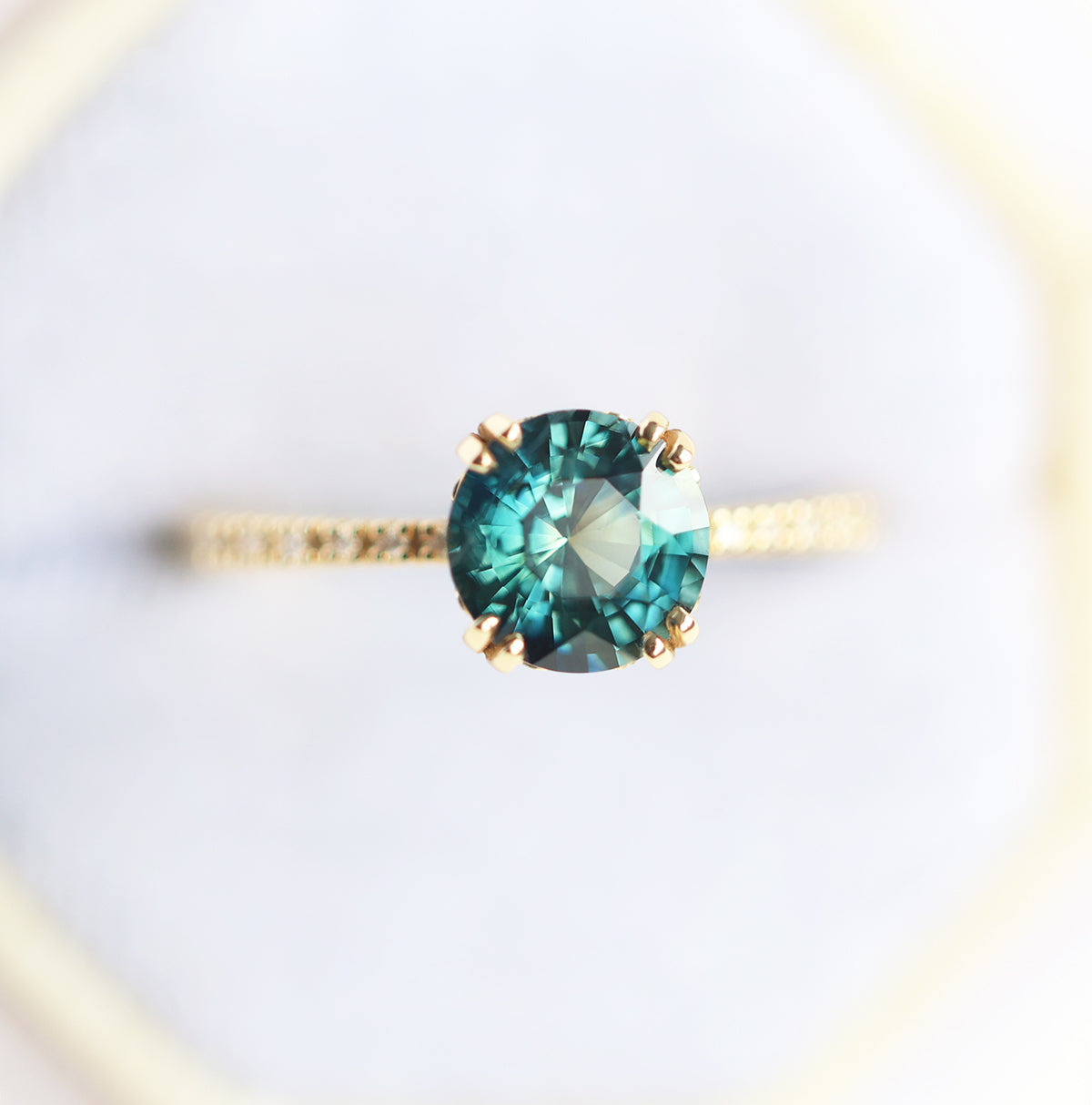 1.6Ct Round Teal Sapphire Engagement Ring, Sapphire Diamond Ring With Pave Diamond Band | Rings | Capucinne
