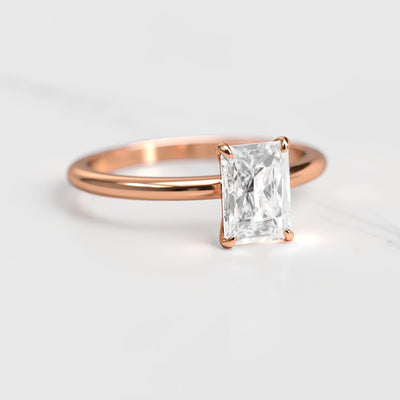 Radiant tapered solitaire moissanite ring