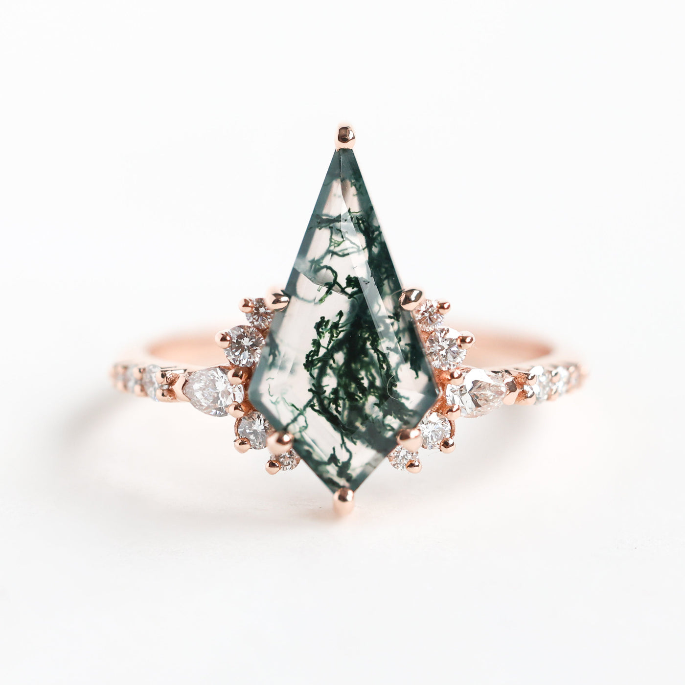 Kite Moss Agate Engagement Ring with Side Round White Diamonds and Moss Agate Stones