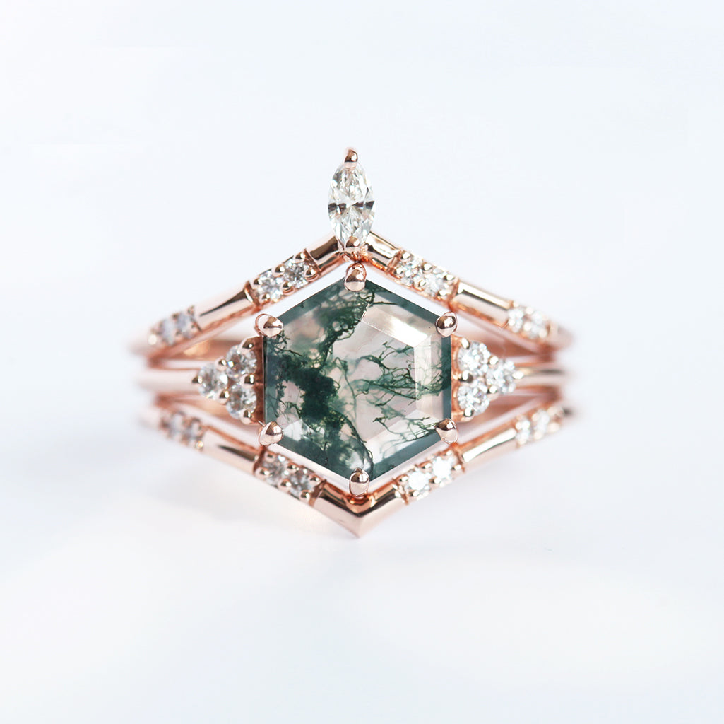 Green Hexagon Moss Agate Ring Set with Side Round and Marquise-Cut White Diamonds