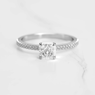 Asscher Cut Lab White Diamond on Half Pave Eternity Diamond Ring