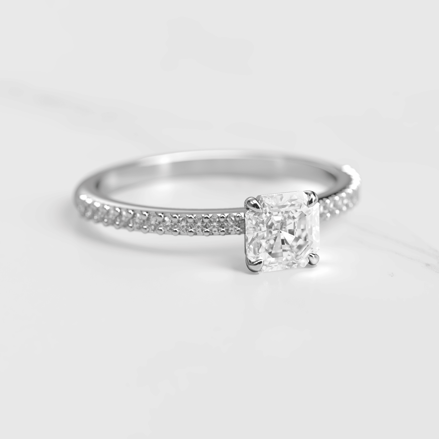 Asscher Cut Lab White Diamond on Half Pave Eternity Diamond Ring