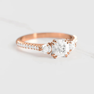 Gold engagement ring with Asscher cut lab white diamond and two round white lab diamonds on half pave eternity diamond ring