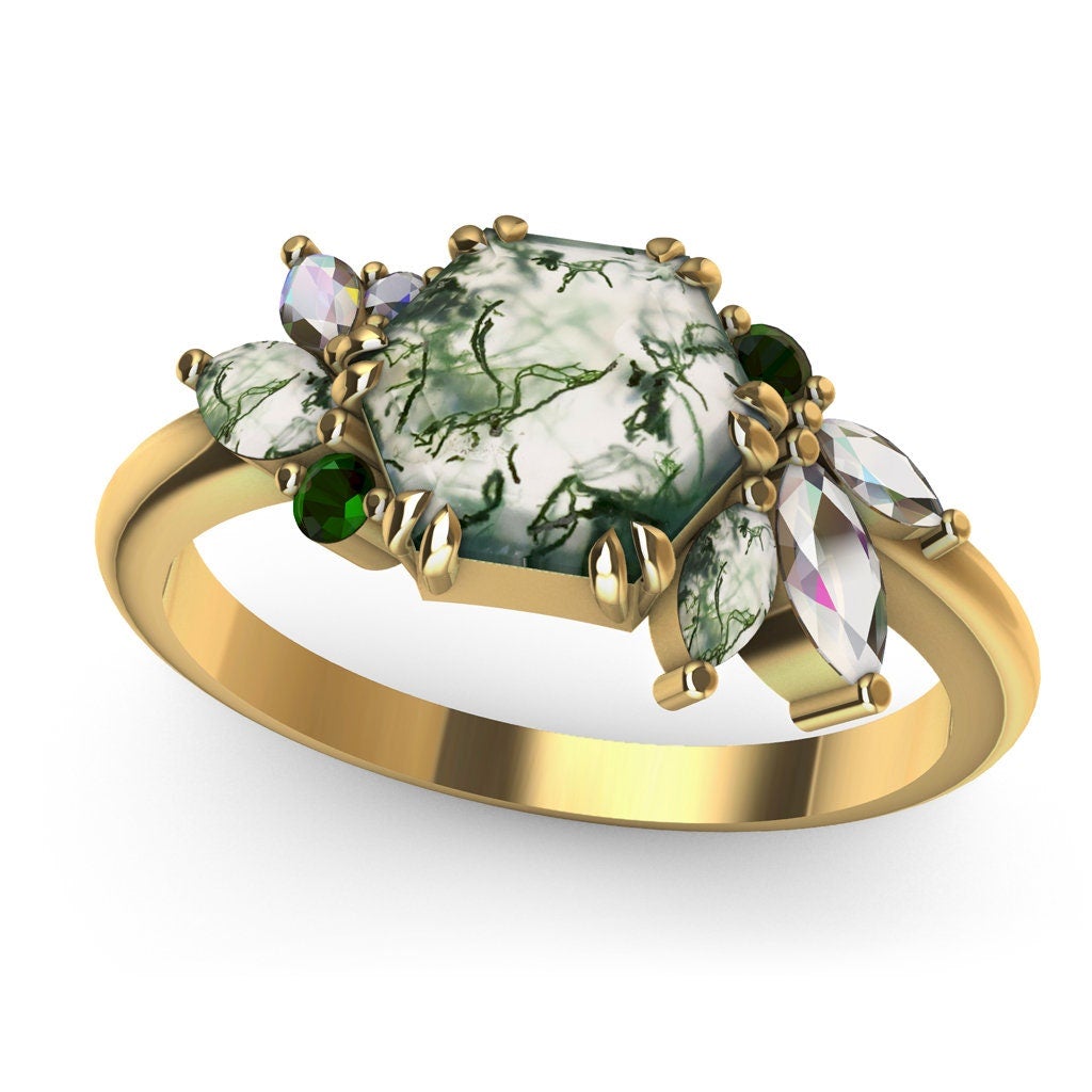 Addison Hexagon Moss Agate Ring With Accent Stones