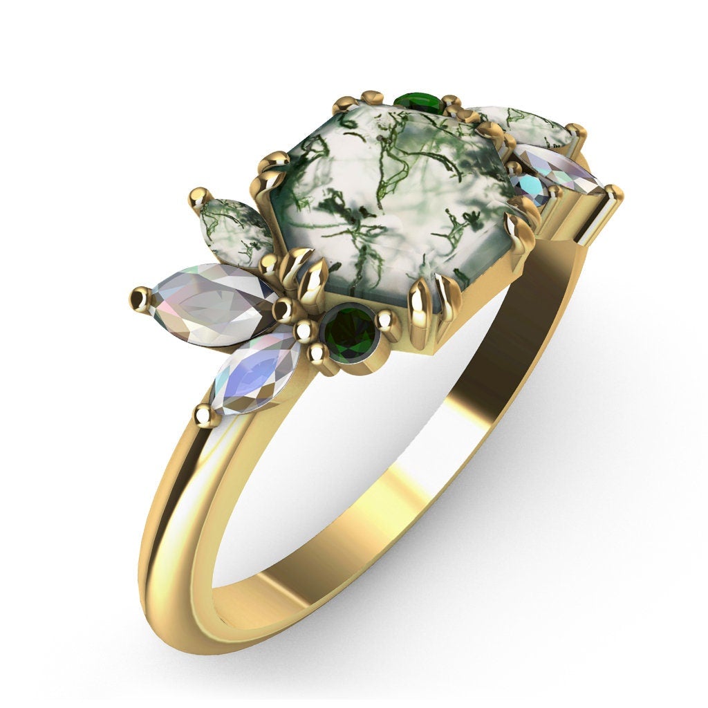 Addison Hexagon Moss Agate Ring With Accent Stones