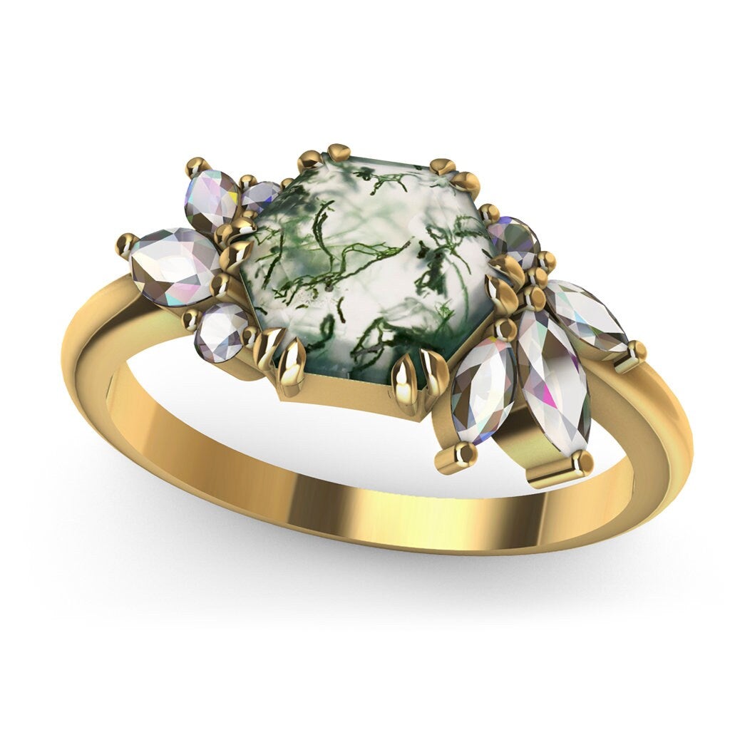 Addison Hexagon Moss Agate Ring With Diamond Clusters