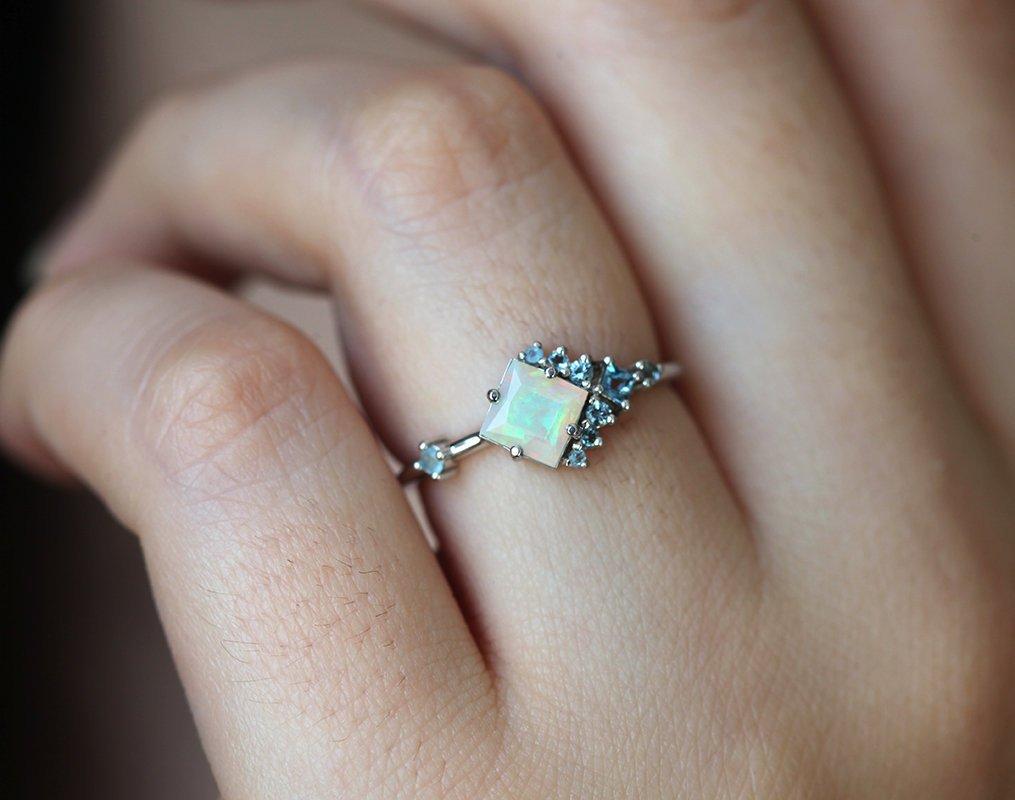 Square Opal Cluster Ring with Round and Princess-Cut White Diamonds