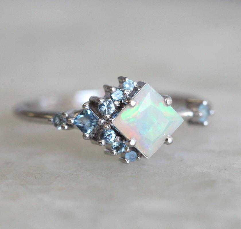 Square Opal Cluster Ring with Round and Princess-Cut White Diamonds