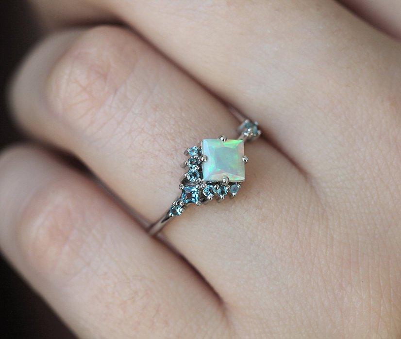 Square Opal Cluster Ring with Round and Princess-Cut White Diamonds