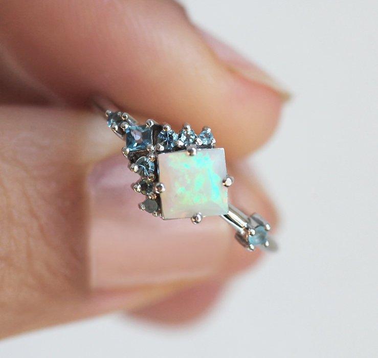 Square Opal Cluster Ring with Round and Princess-Cut White Diamonds