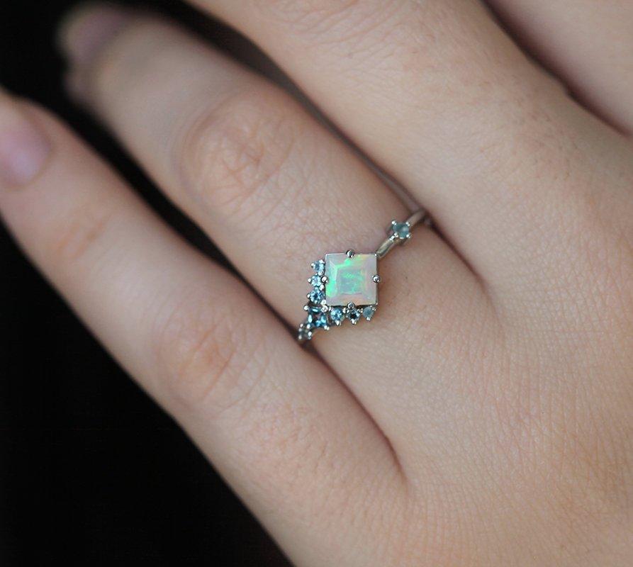 Square Opal Cluster Ring with Round and Princess-Cut White Diamonds