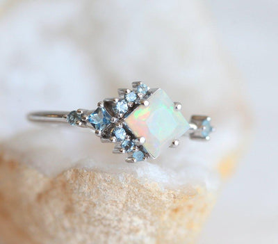 Square Opal Cluster Ring with Round and Princess-Cut White Diamonds