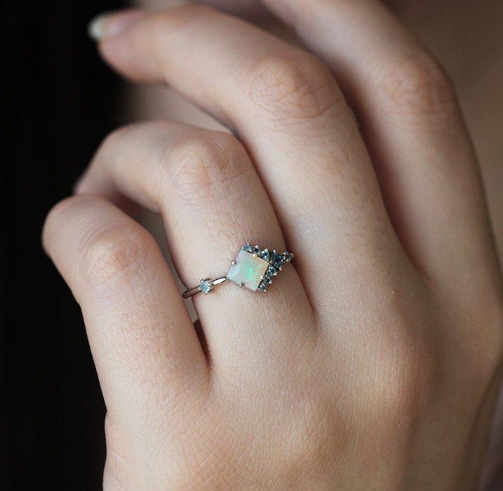 Square Opal Cluster Ring with Round and Princess-Cut White Diamonds