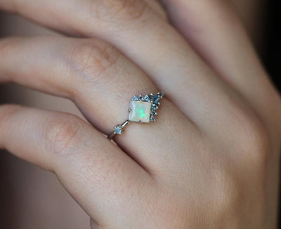 Square Opal Cluster Ring with Round and Princess-Cut White Diamonds