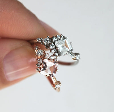 Square-shaped white sapphire ring with diamond cluster