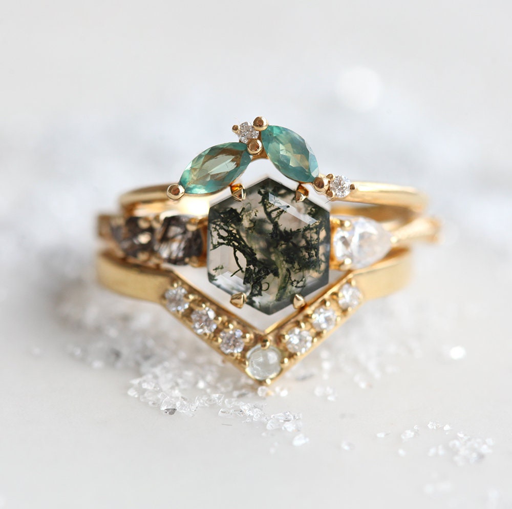 Green Hexagon Moss Agate with Side Pear Moissanite and Round Black Rutile Quartz Stones