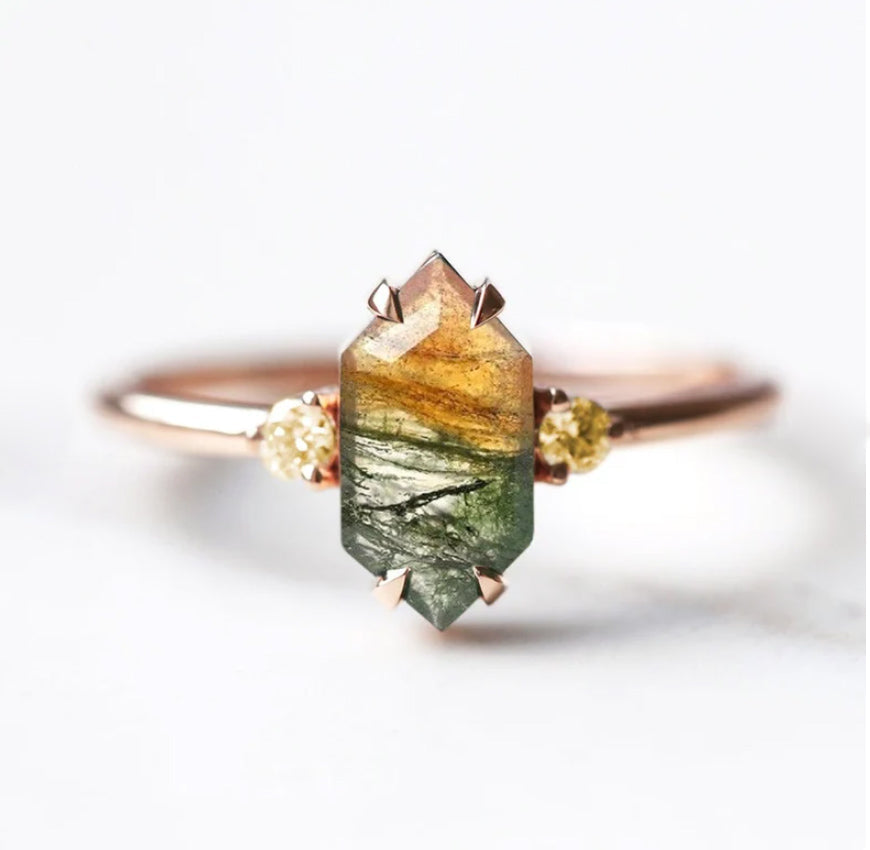 Green and Yellow Hexagon Moss Agate Ring with Side Sapphire Stones