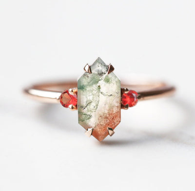Green and Red Hexagon Moss Agate Ring with Side Sapphire Stones