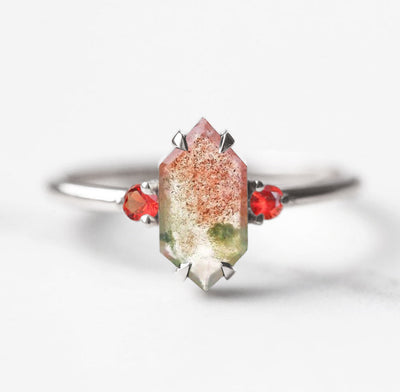 Green and Red Hexagon Moss Agate, Platinum Ring with Side Sapphire Stones