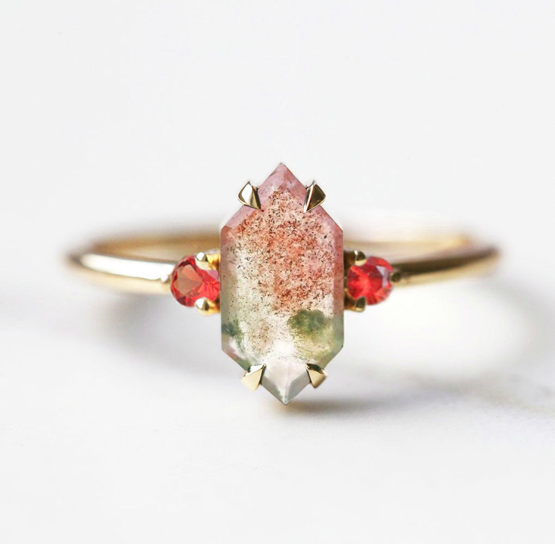 Green and Red Hexagon Moss Agate, Yellow Gold Ring with Side Sapphire Stones