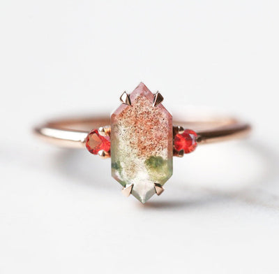 Green and Red Hexagon Moss Agate Ring with Side Sapphire Stones