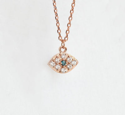 Blue Round Diamond as Centerpiece, Eye Shape Necklace with Side Round White Diamonds