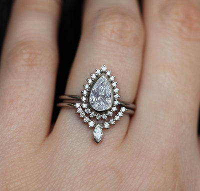 Pear White Diamond Halo Engagement Ring Set with Matching White Round Diamond Band