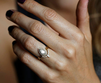 Pear White Diamond Halo Engagement Ring Set with Matching White Round Diamond Band