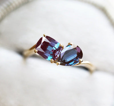 Pear Alexandrite Yellow Gold Ring with Cushion Alexandrite Stone on the Side, Cluster Band