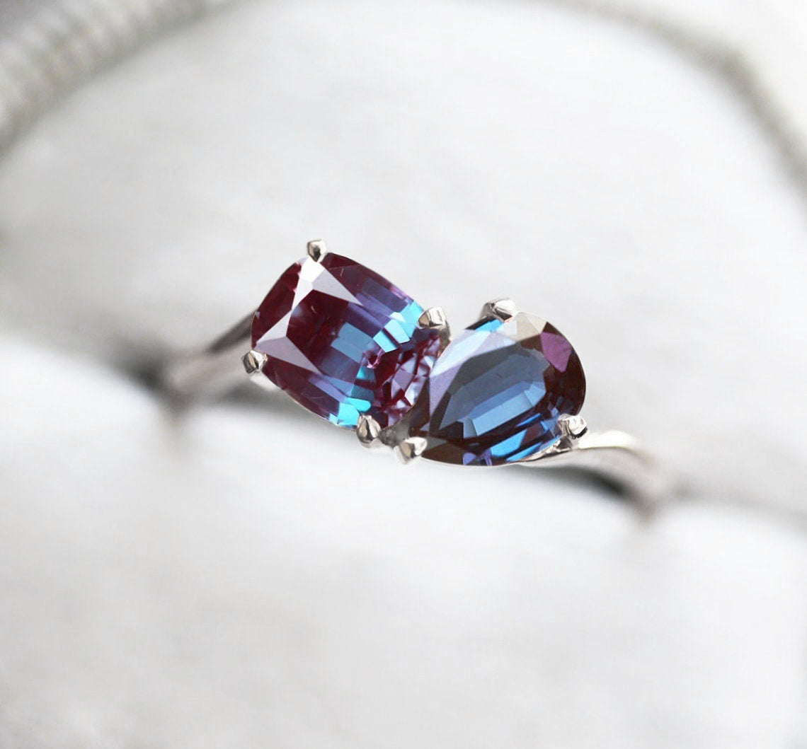 Pear Alexandrite White Gold Ring with Cushion Alexandrite Stone on the Side, Cluster Band