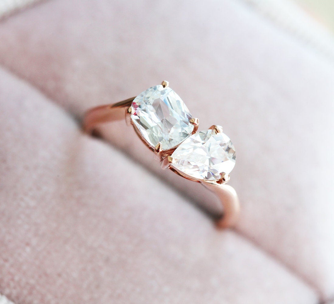 Pear Moissanite Ring with Cushion Moissanite Stone on the Side, Cluster Band