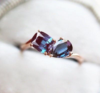 Pear Alexandrite Ring with Cushion Alexandrite Stone on the Side, Cluster Band