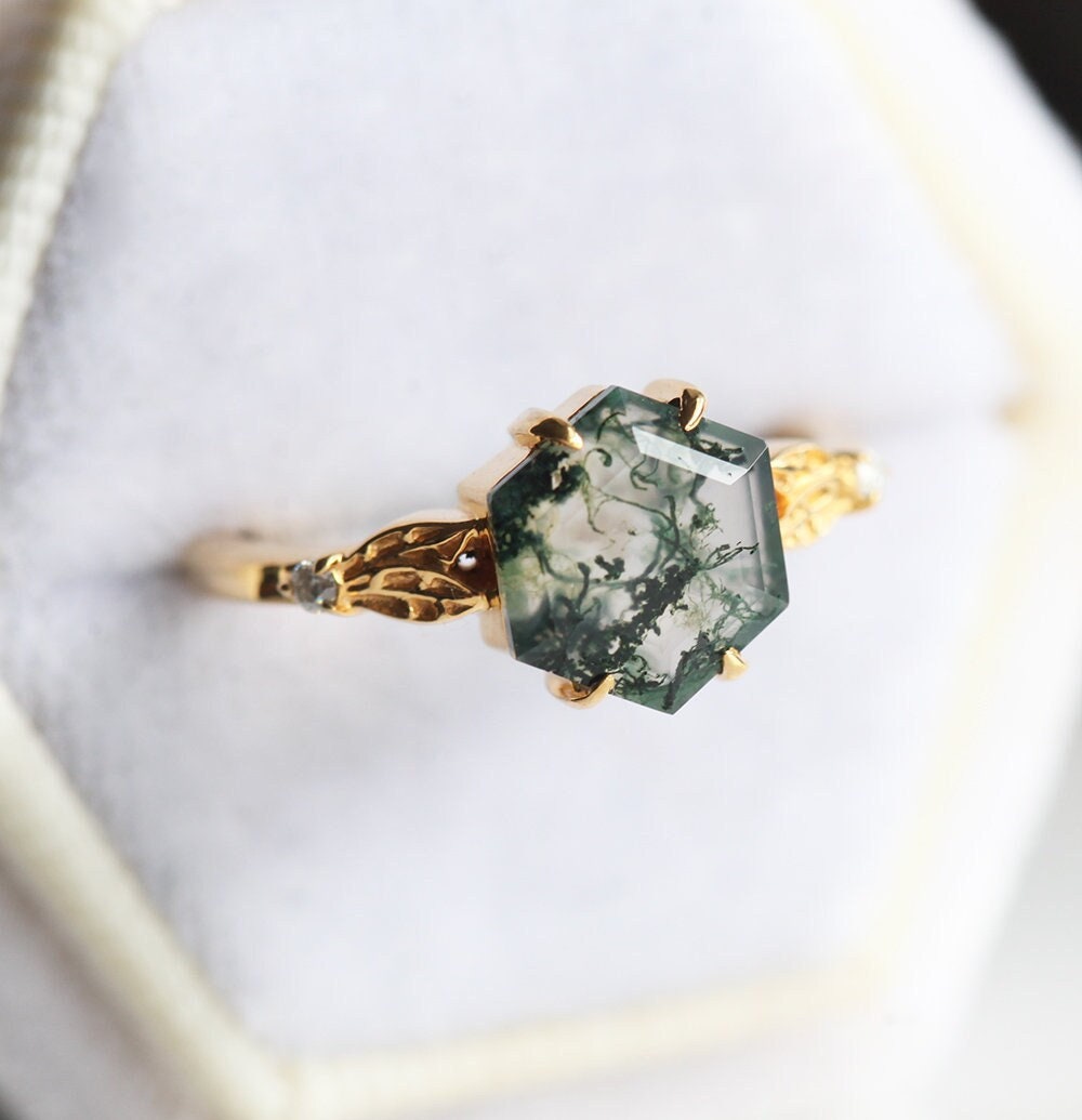 Green Hexagon Moss Agate Ring with Side Diamonds