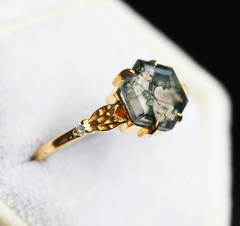 Green Hexagon Moss Agate Ring with Side Diamonds