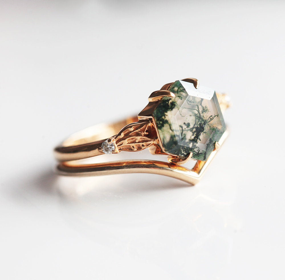 Green Hexagon Moss Agate Ring with Side Diamonds and V-Shaped Band