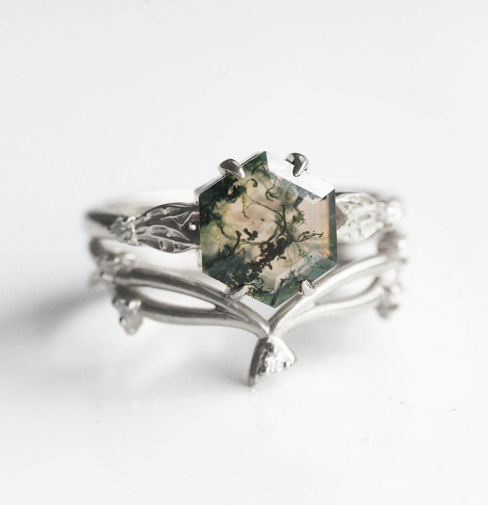 Green Hexagon Moss Agate Ring Set with Side Diamonds