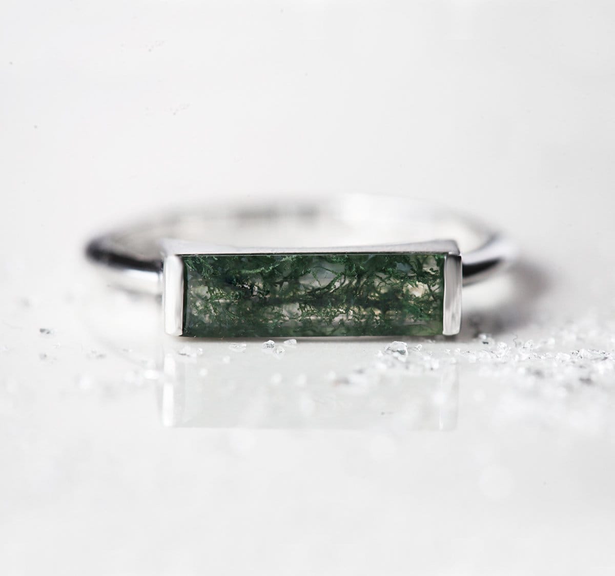 Green Baguette Moss Agate Ring