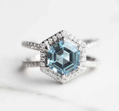 Hexagon Aquamarine Ring With Halo Style Band Filled with Round White Diamonds