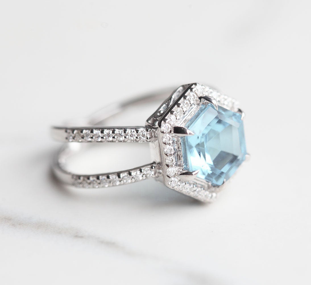 Hexagon Aquamarine Ring With Halo Style Band Filled with Round White Diamonds