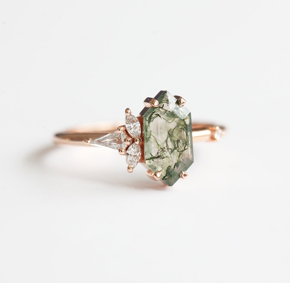 Hexagon Moss Agate Ring with Side Marquise-Cut, Round and Kite White Diamonds