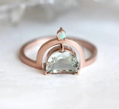 Green Half Moon Amethyst Ring with Side Opal Gemstone