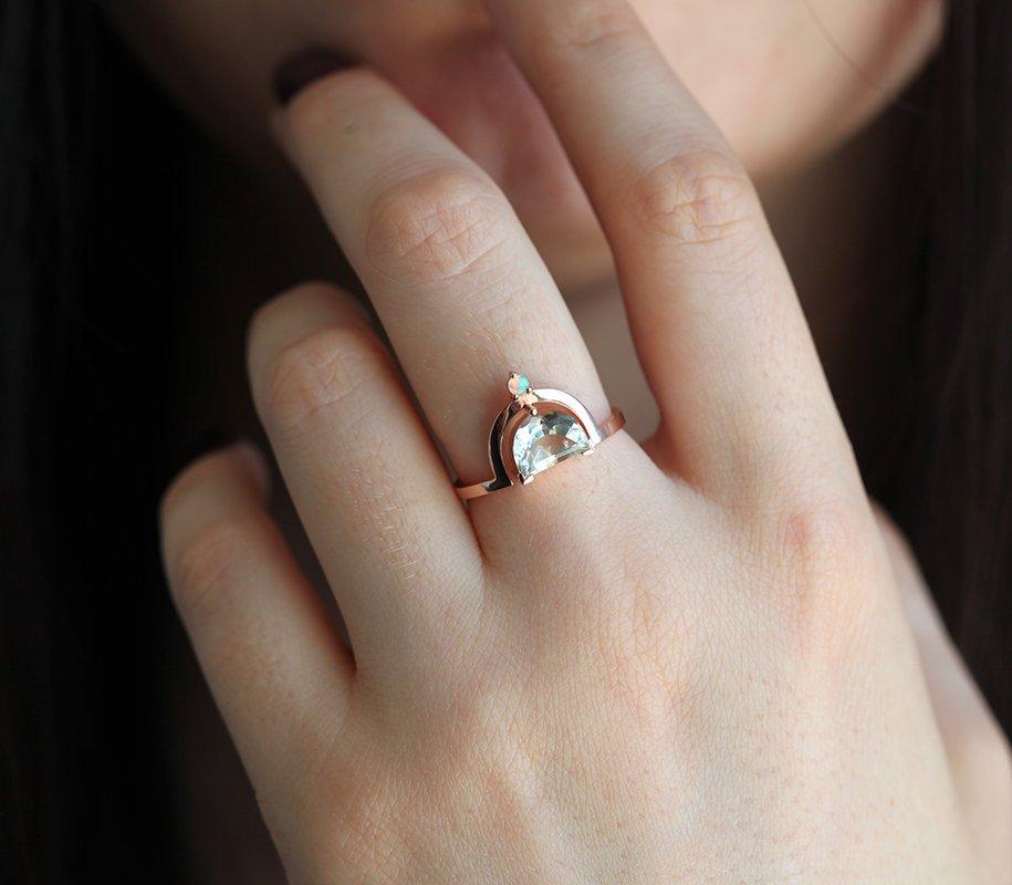 Green Half Moon Amethyst Ring with Side Opal Gemstone