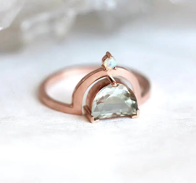 Green Half Moon Amethyst Ring with Side Opal Gemstone