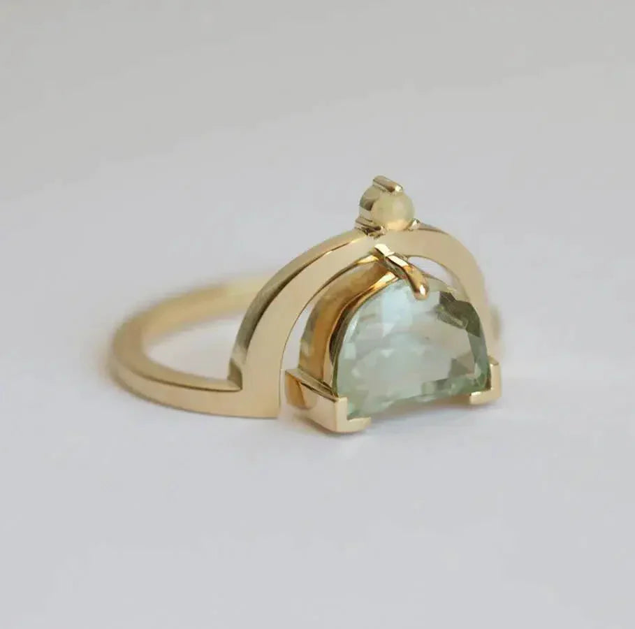 Green Half Moon Amethyst Ring with Side Opal Gemstone