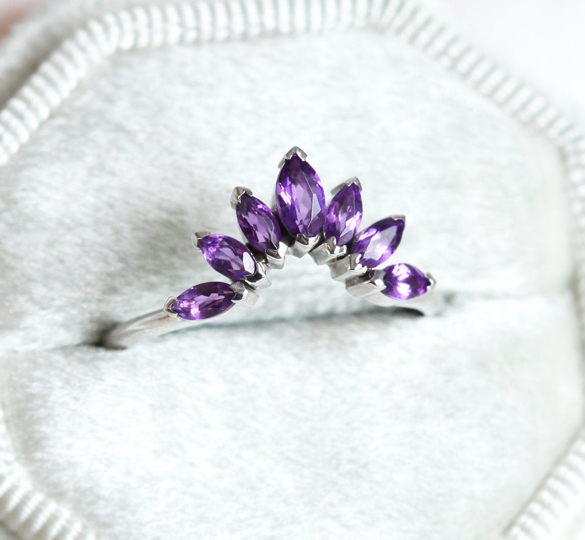 Purple Marquise Cut Amethyst Gemstones Wedding Band Leaf Crown