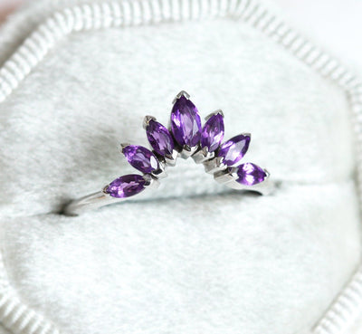 Purple Marquise Cut Amethyst Gemstones Wedding Band Leaf Crown