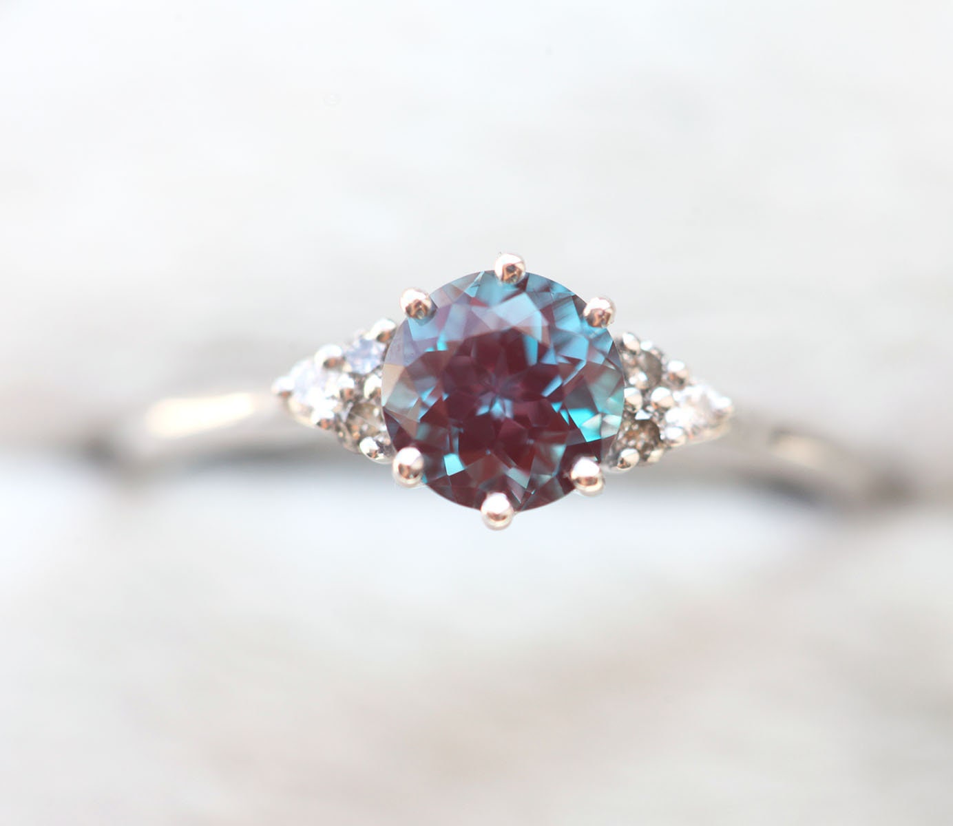 Round Alexandrite Ring with Side White and Salt & Pepper Diamonds