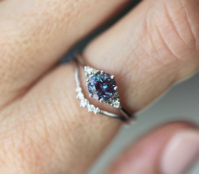 Teal Round Alexandrite Ring Set with Side Salt & Pepper and White Diamonds
