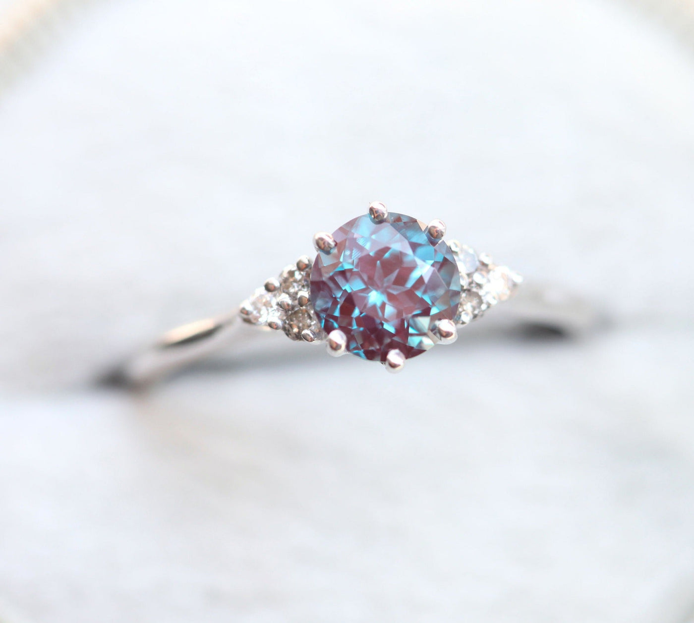 Teal Round Alexandrite Ring Set with Side Salt & Pepper and White Diamonds